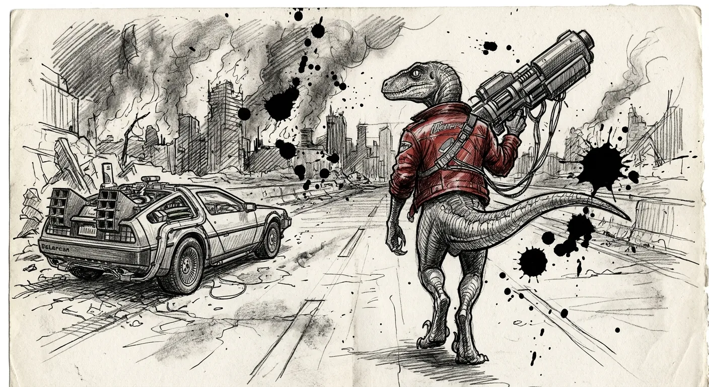 Ink drawing of a raptor in a red jacket with a railgun on a ruined highway