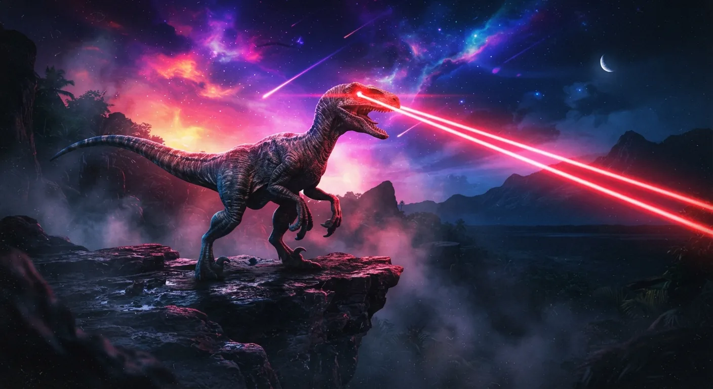 A velociraptor with glowing laser eyes stands on a rock above a neon valley, firing beams across a synthwave sky